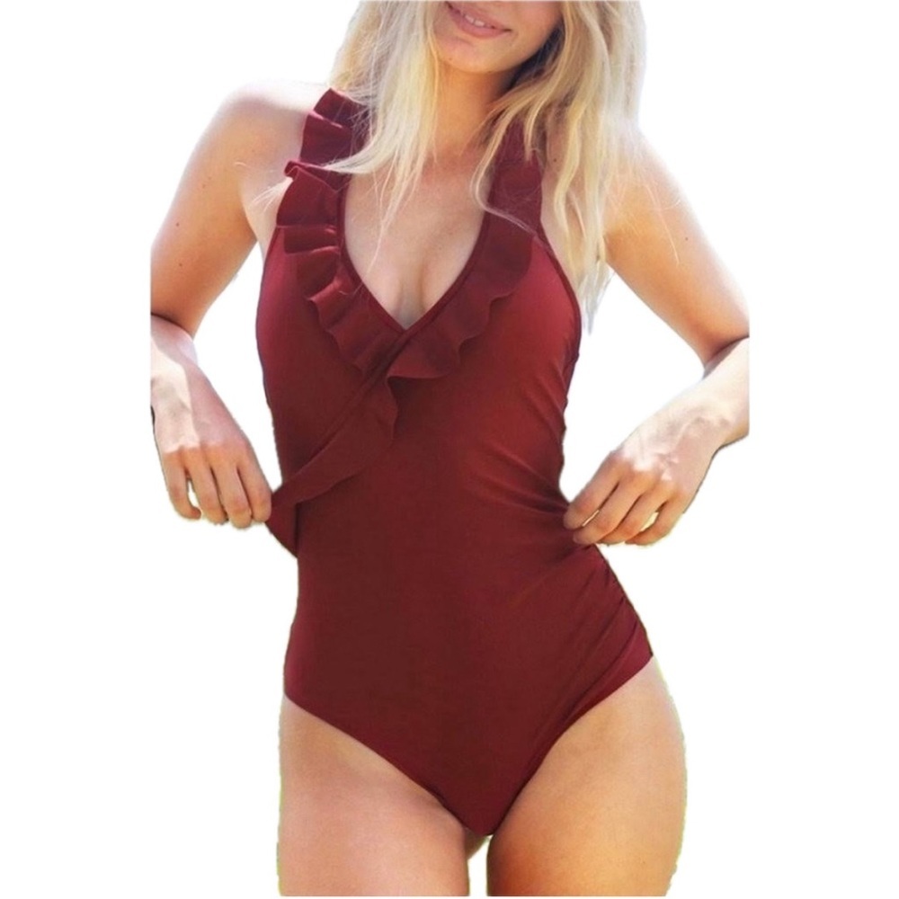 CUPSHE Red Ruffle Halter One Piece Swimsuit Feminine Resort Swimwear M NWT